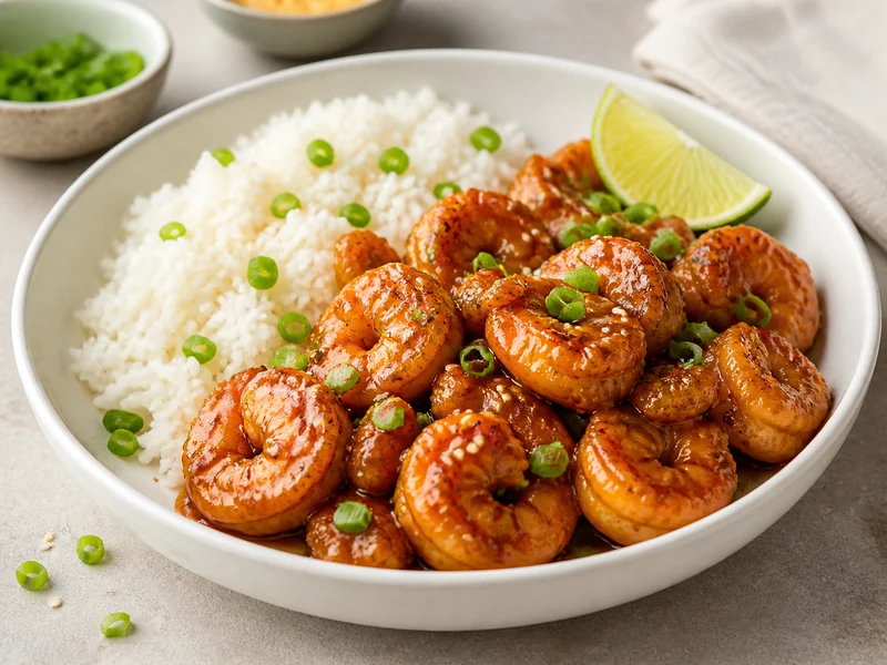 Air fryer honey garlic shrimp bites with rice lime scallions and sesame seeds