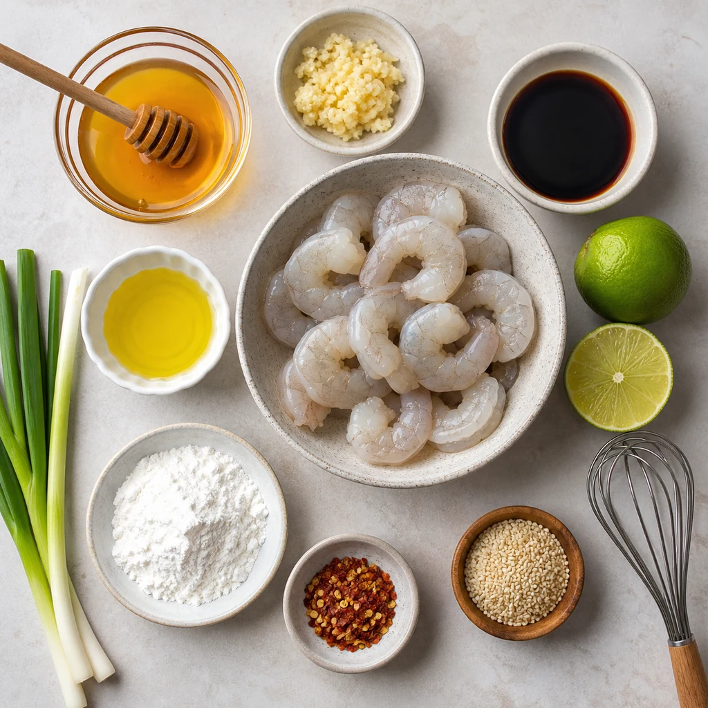 Ingredients for air fryer honey garlic shrimp bites arranged on a pale counter