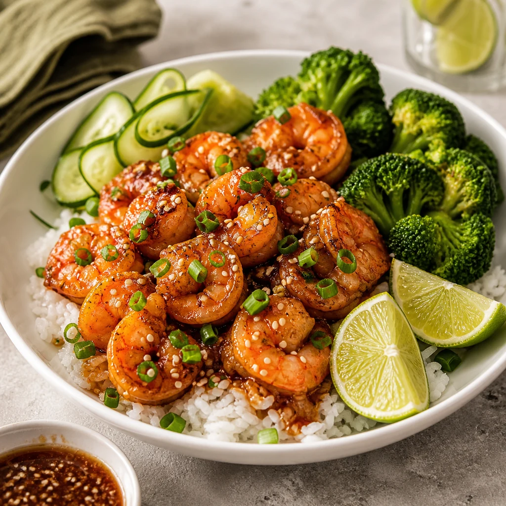 Air fryer honey garlic shrimp bites served with rice broccoli cucumber lime and sesame seeds