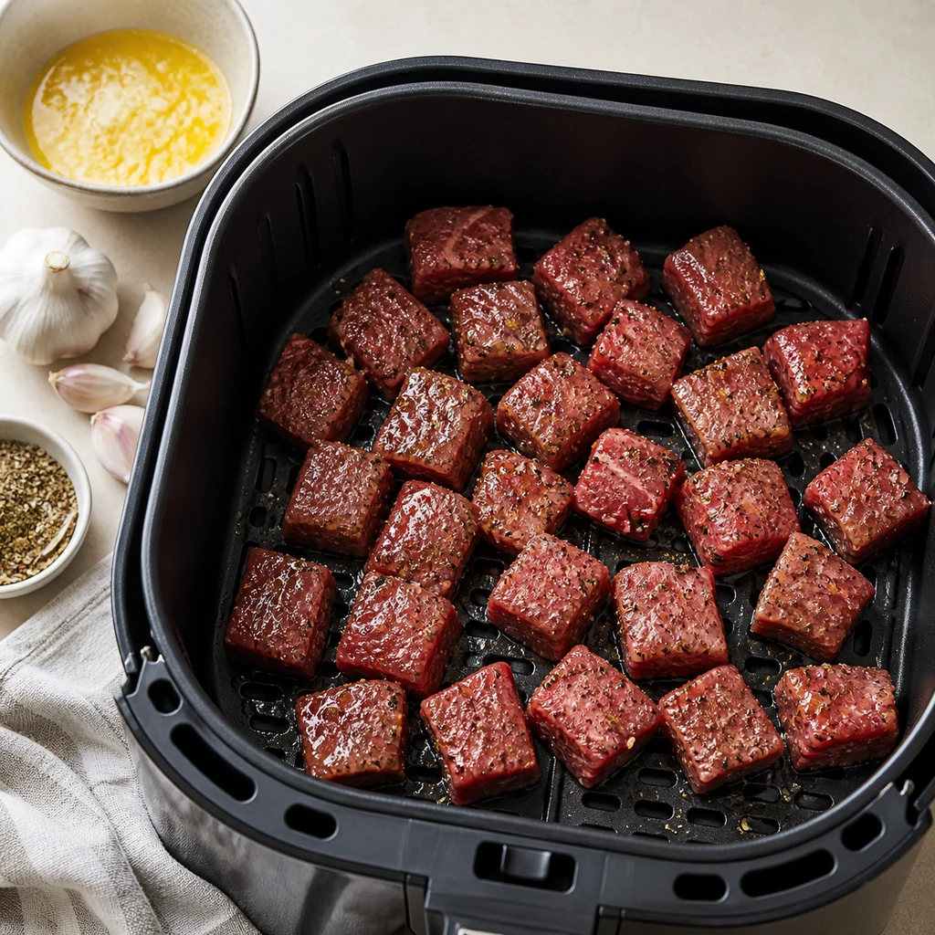 Raw seasoned steak bites arranged in an air fryer basket before cooking