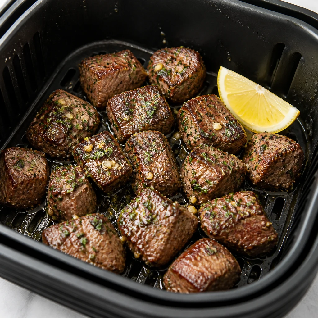 Cooked air fryer steak bites with garlic butter parsley and lemon in the basket