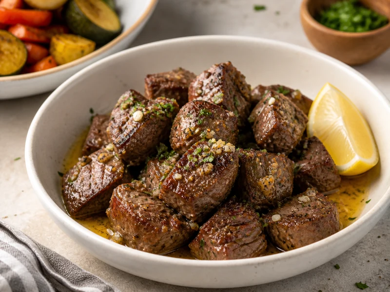 Air fryer steak bites with garlic butter parsley and lemon