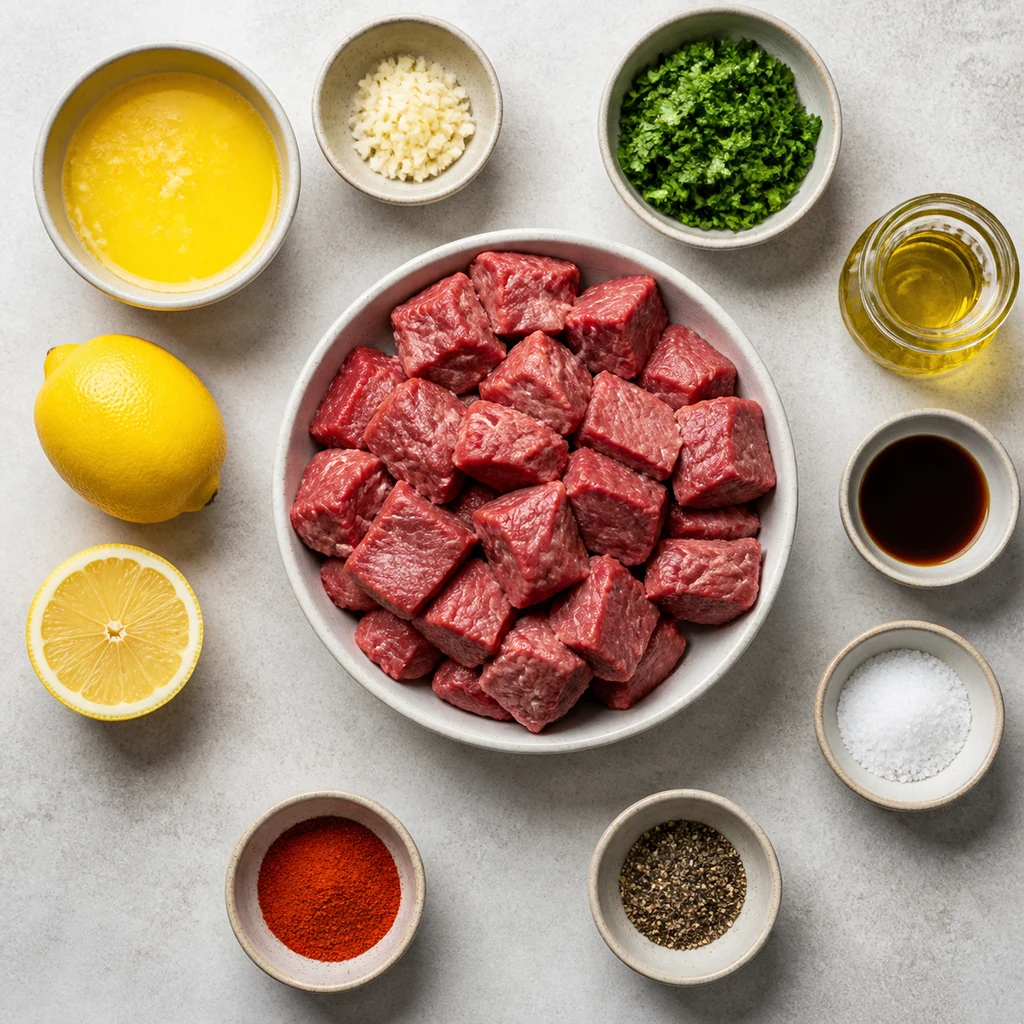 Ingredients for air fryer steak bites with garlic butter arranged on a pale counter