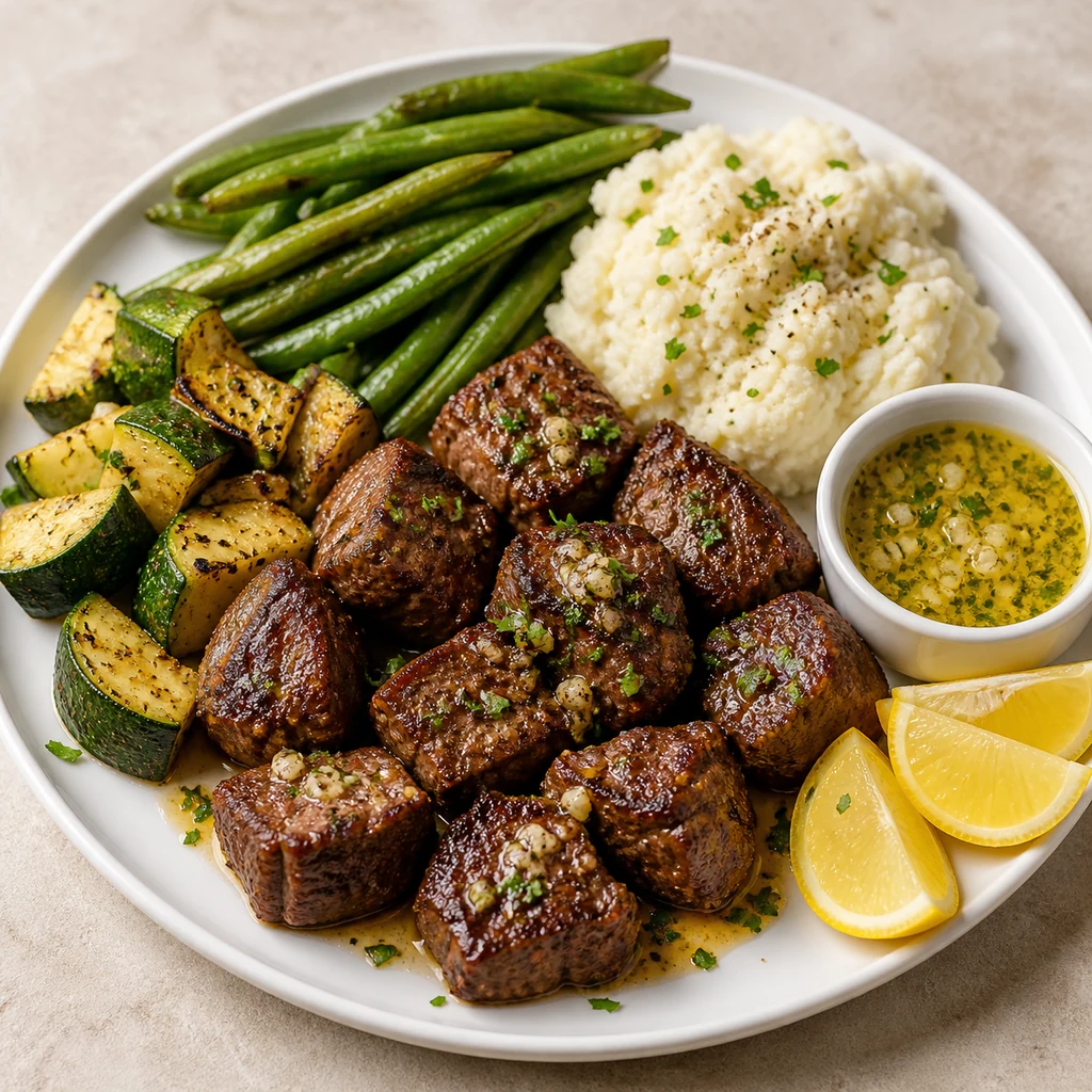 Garlic butter steak bites served with green beans roasted zucchini mashed cauliflower lemon and extra garlic butter