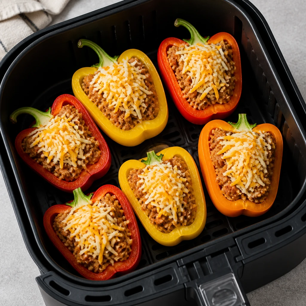 Taco stuffed bell pepper boats with cheese in an air fryer basket before cooking
