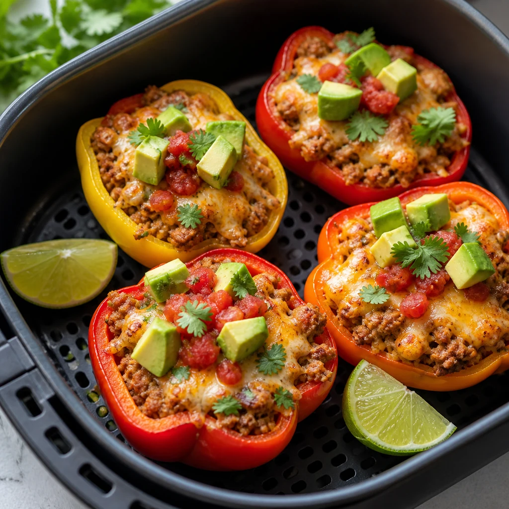 Cooked air fryer taco stuffed bell pepper boats with avocado salsa cilantro and lime