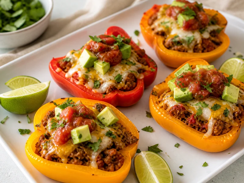 Air fryer taco stuffed bell pepper boats with avocado salsa cilantro and lime