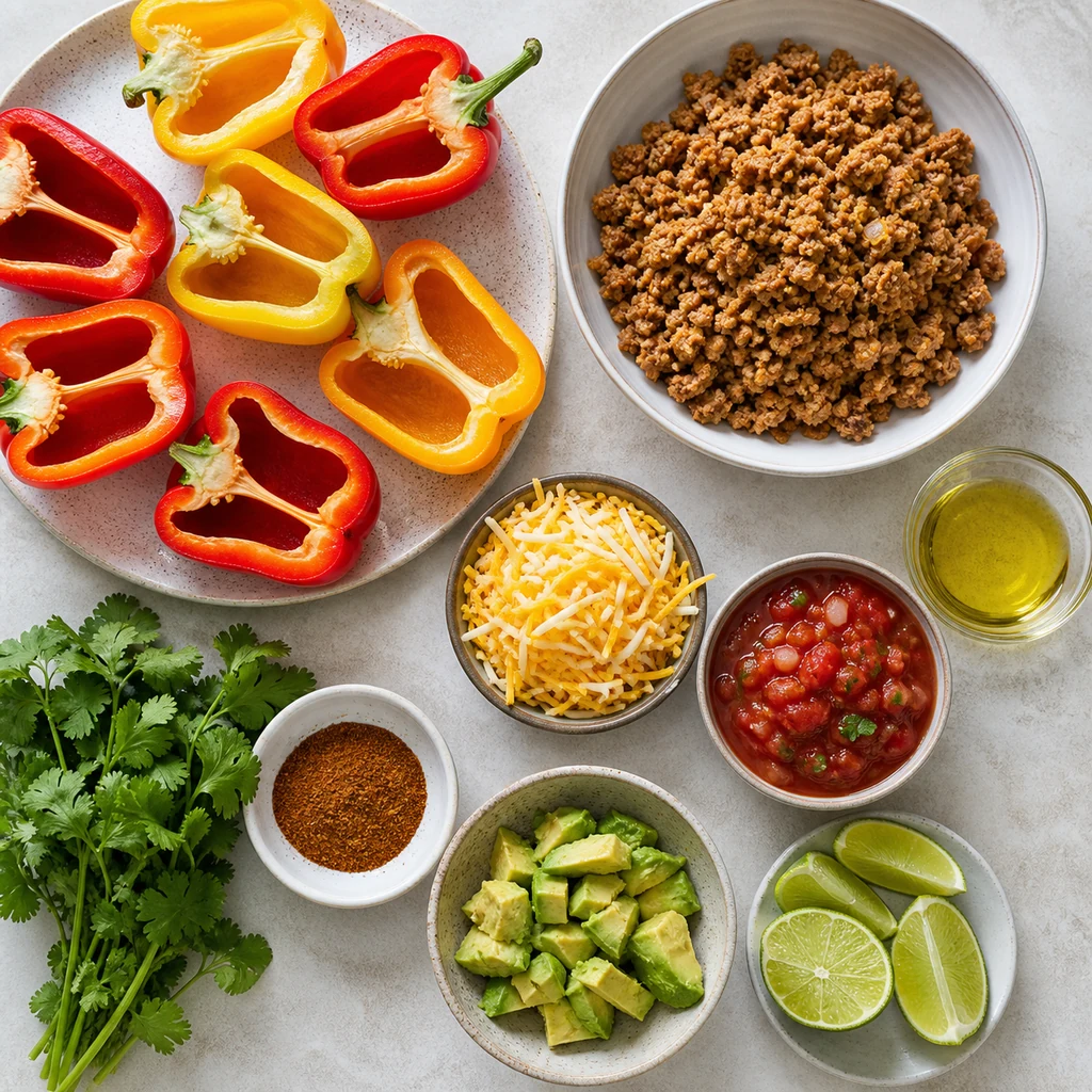 Ingredients for air fryer taco stuffed bell pepper boats arranged on a pale counter
