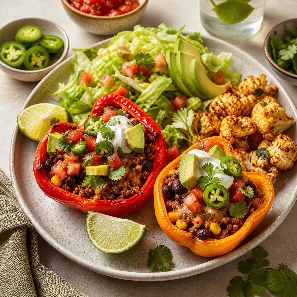 Taco stuffed bell pepper boats served with lettuce avocado salsa Greek yogurt jalapenos lime and roasted cauliflower
