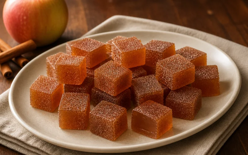 Translucent amber apple cider agar jelly cubes with a light cinnamon-sugar coating.
