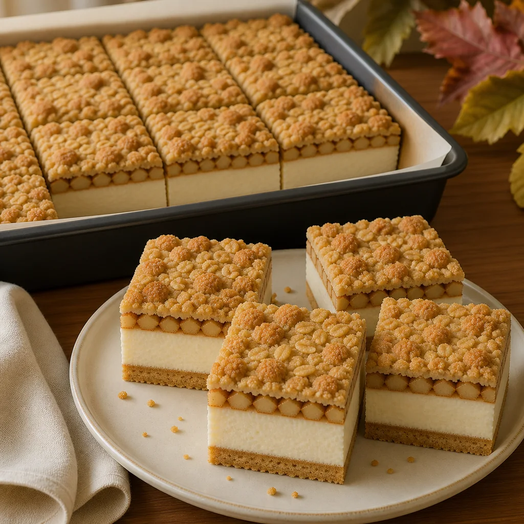 Chilled apple cider cheesecake bars showing graham crust, creamy filling, apple cubes, and oat streusel.