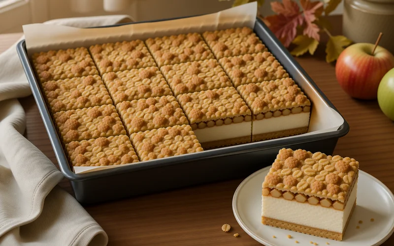 Sixteen apple cider cheesecake bars with graham crust, cinnamon apples, and oat streusel in a square pan.