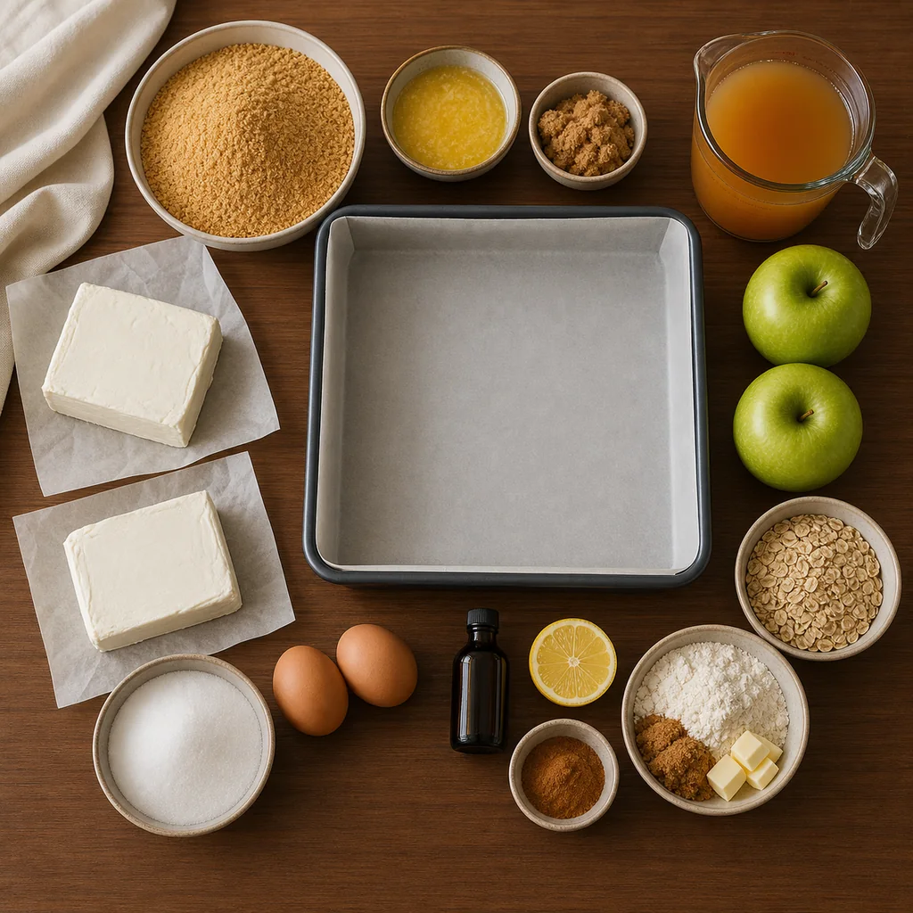Measured ingredients for apple cider cheesecake bars arranged around a parchment-lined nine-inch square pan.