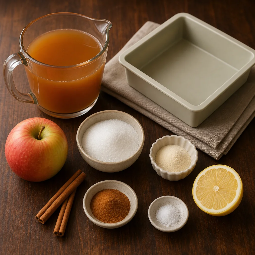 Measured apple cider jelly ingredients with a pale-sage six-inch square silicone pan.