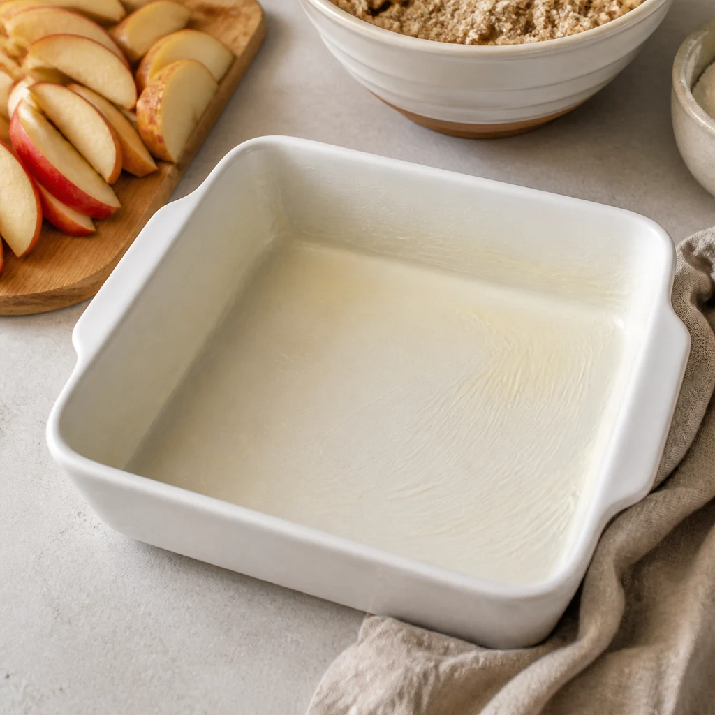 Greased baking dish prepared for apple crisp