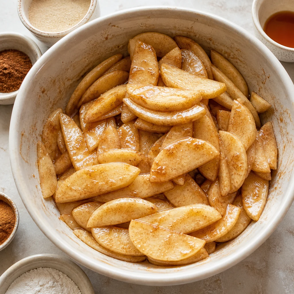 Sliced apples coated with cinnamon sugar for apple crisp
