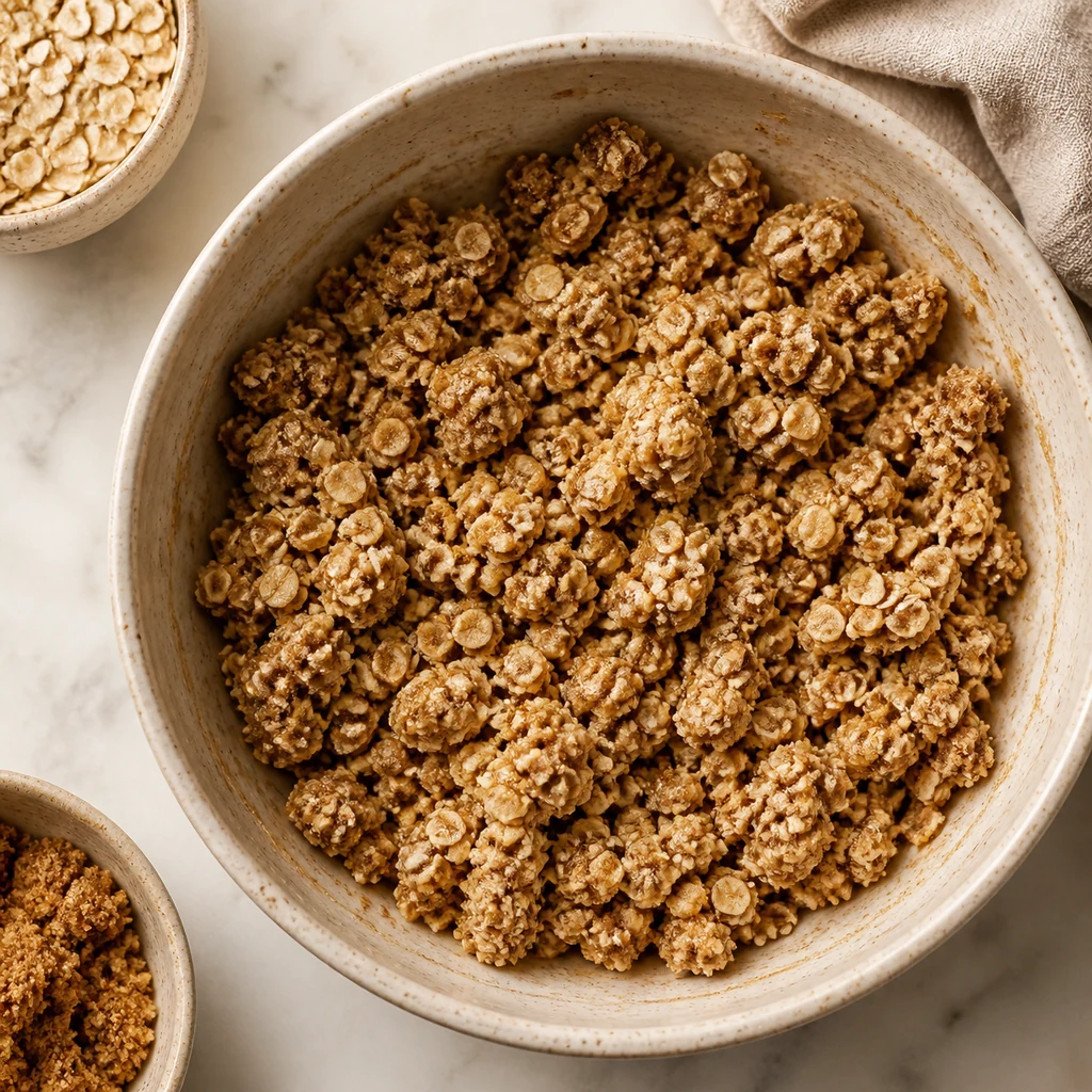 Buttery oat topping mixed into crumbly clusters