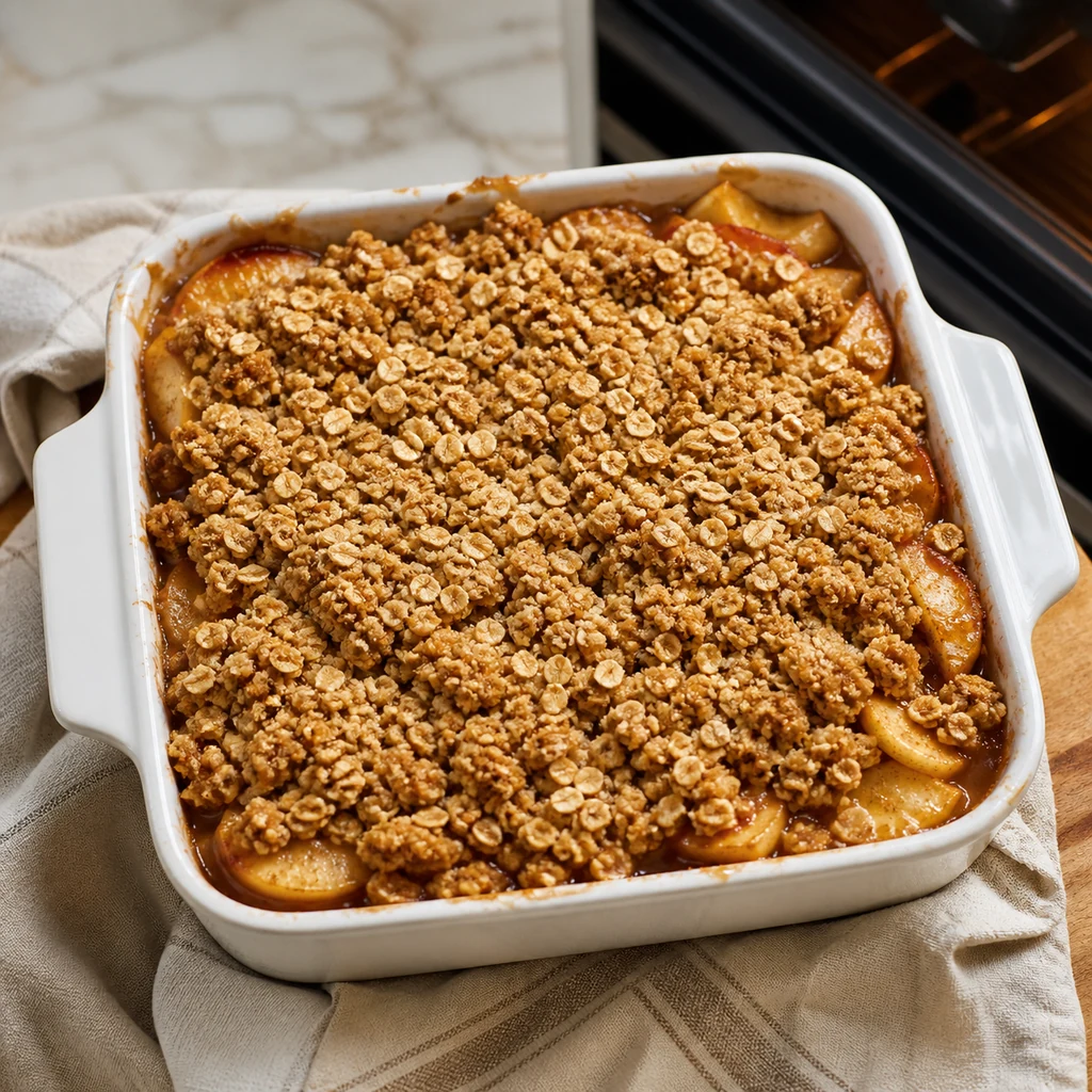 Apple crisp assembled with oat topping before baking