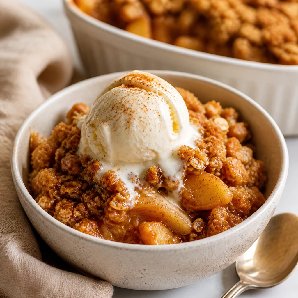Warm apple crisp served with vanilla ice cream