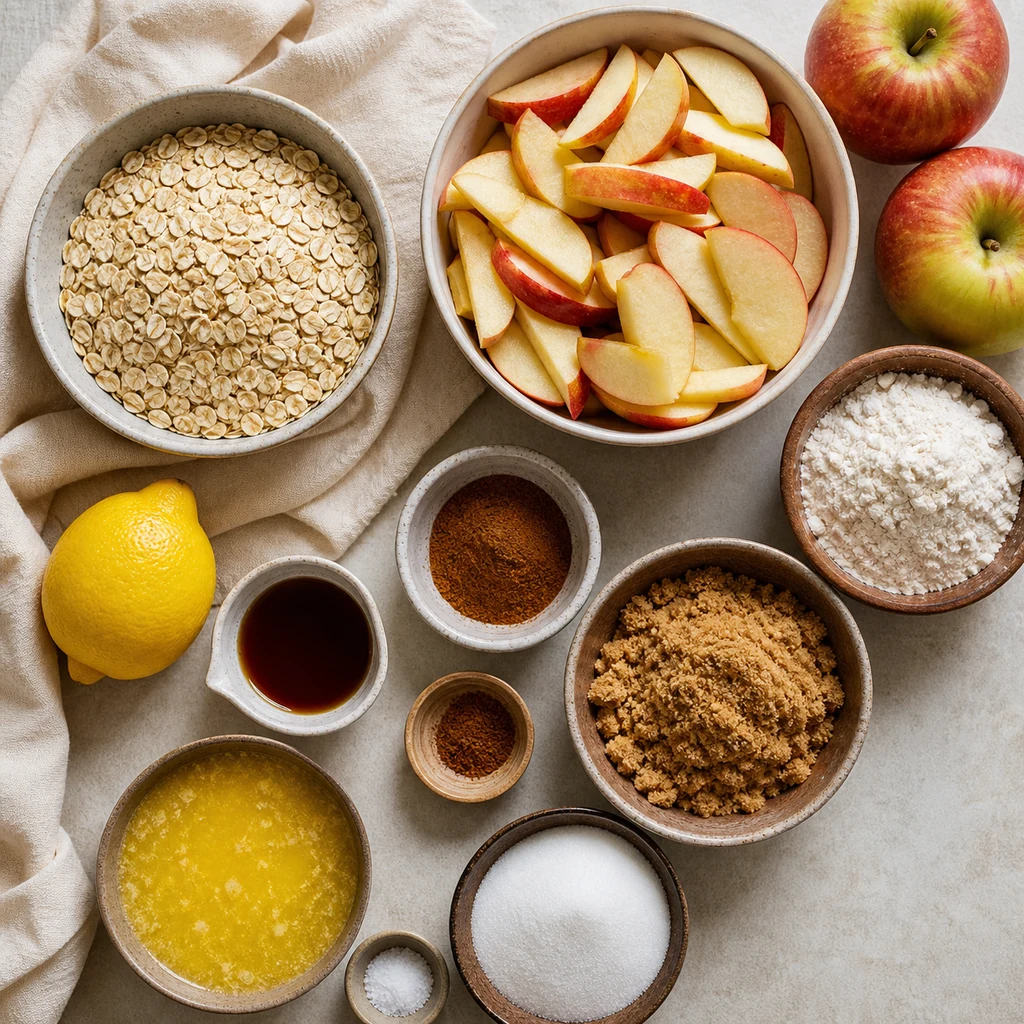 Ingredients for apple crisp arranged together