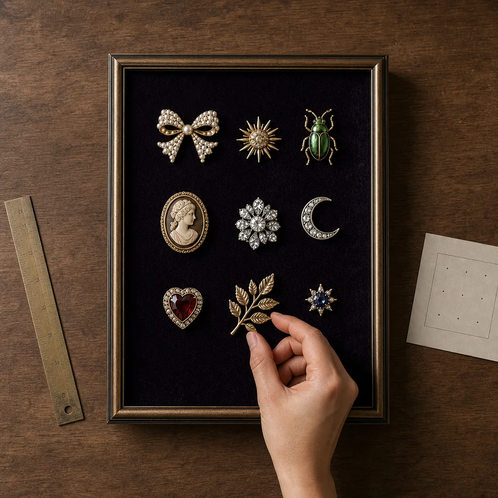 Nine vintage brooches arranged in a balanced three-by-three grid on plum velvet.