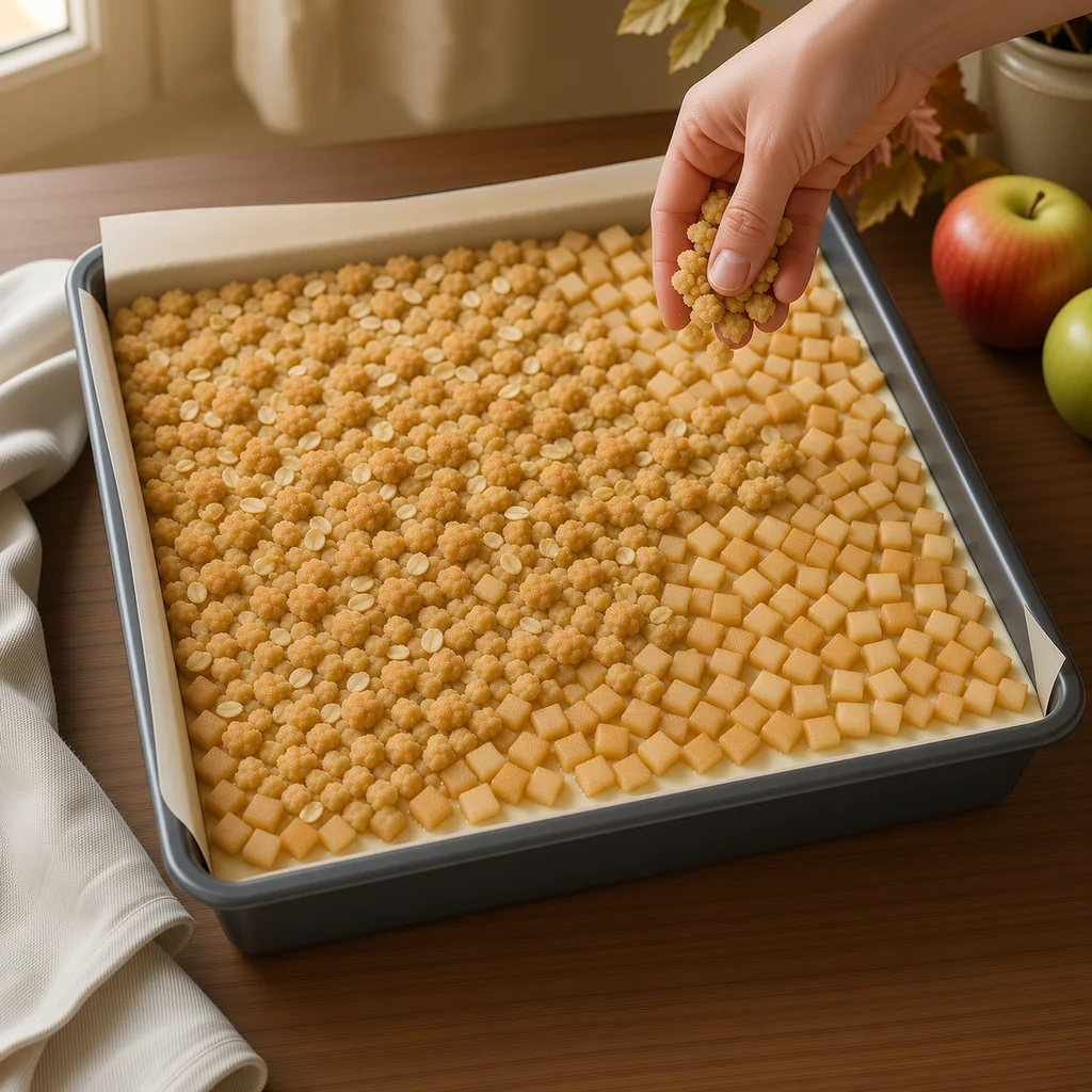 Oat streusel scattered over cinnamon apples and apple cider cheesecake filling before baking.