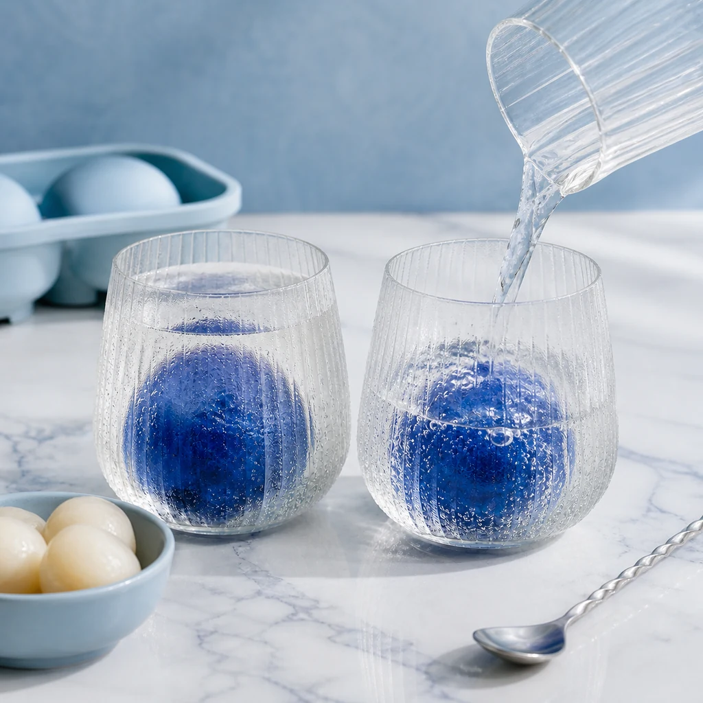 Adding sparkling water around blue tea ice spheres
