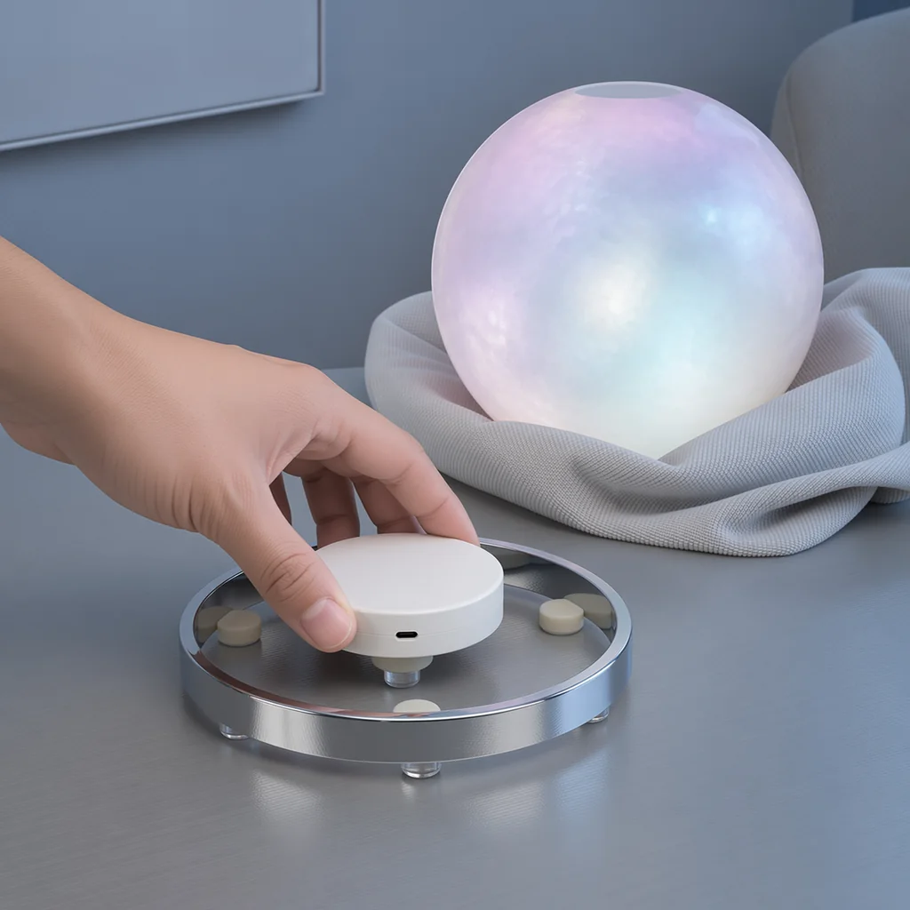 Rechargeable LED puck light centered inside a chrome ring base with removable museum putty.