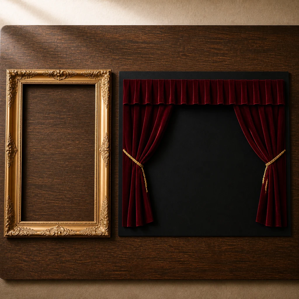 Assemble miniature velvet curtains on a black backing