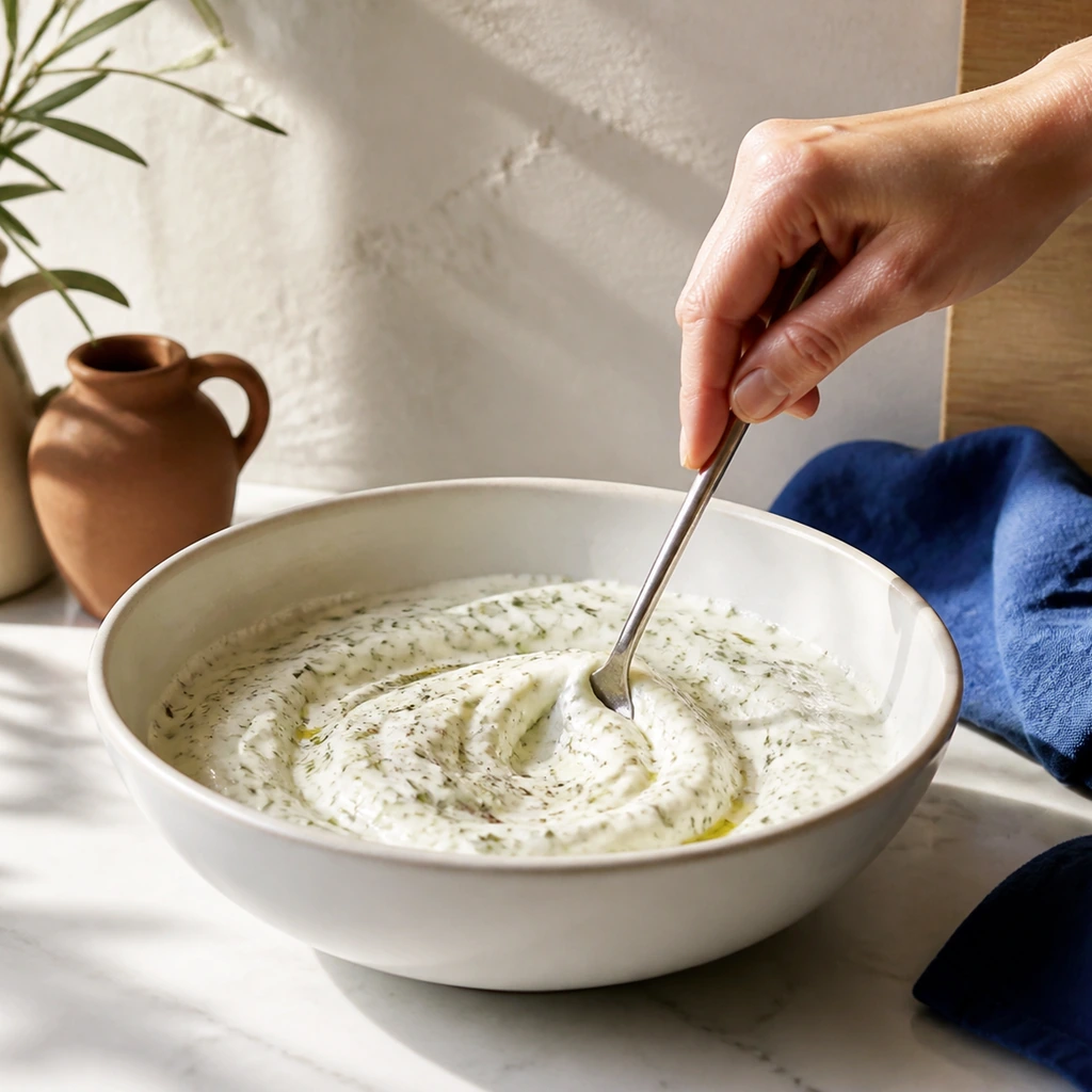 Stir yogurt, garlic, olive oil, lemon, dill, salt, and pepper until combined.