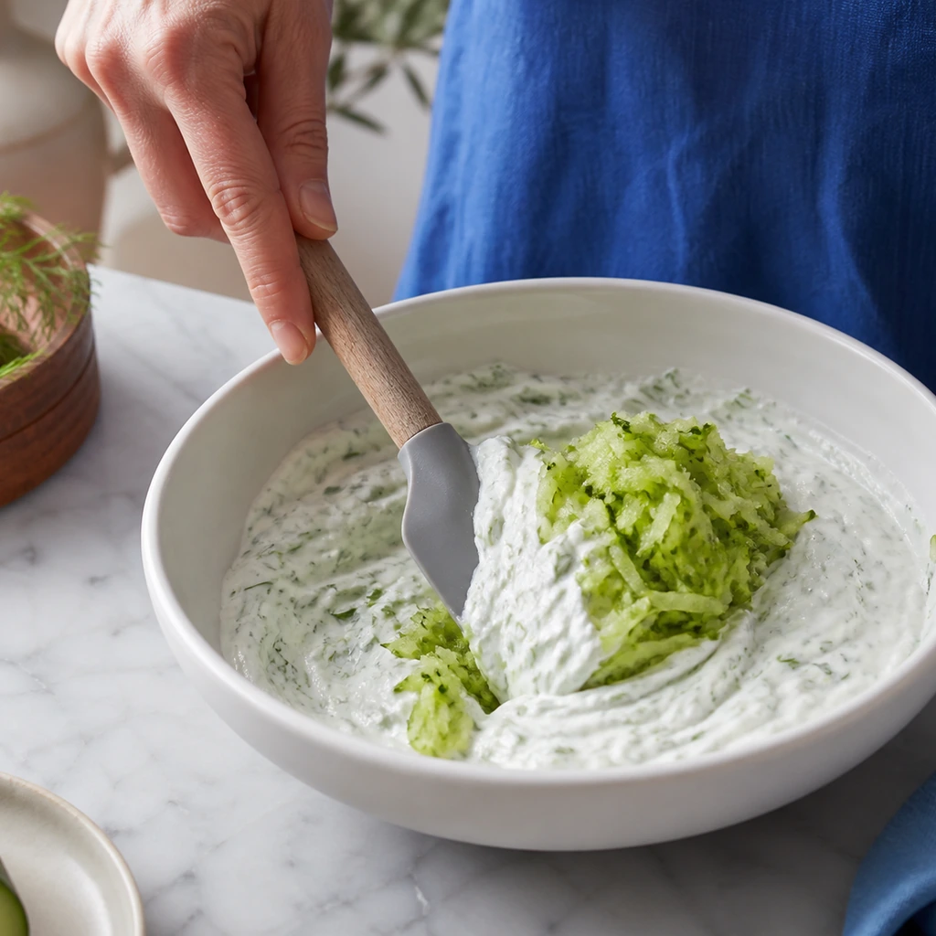 Fold the drained cucumber gently into the seasoned yogurt base.
