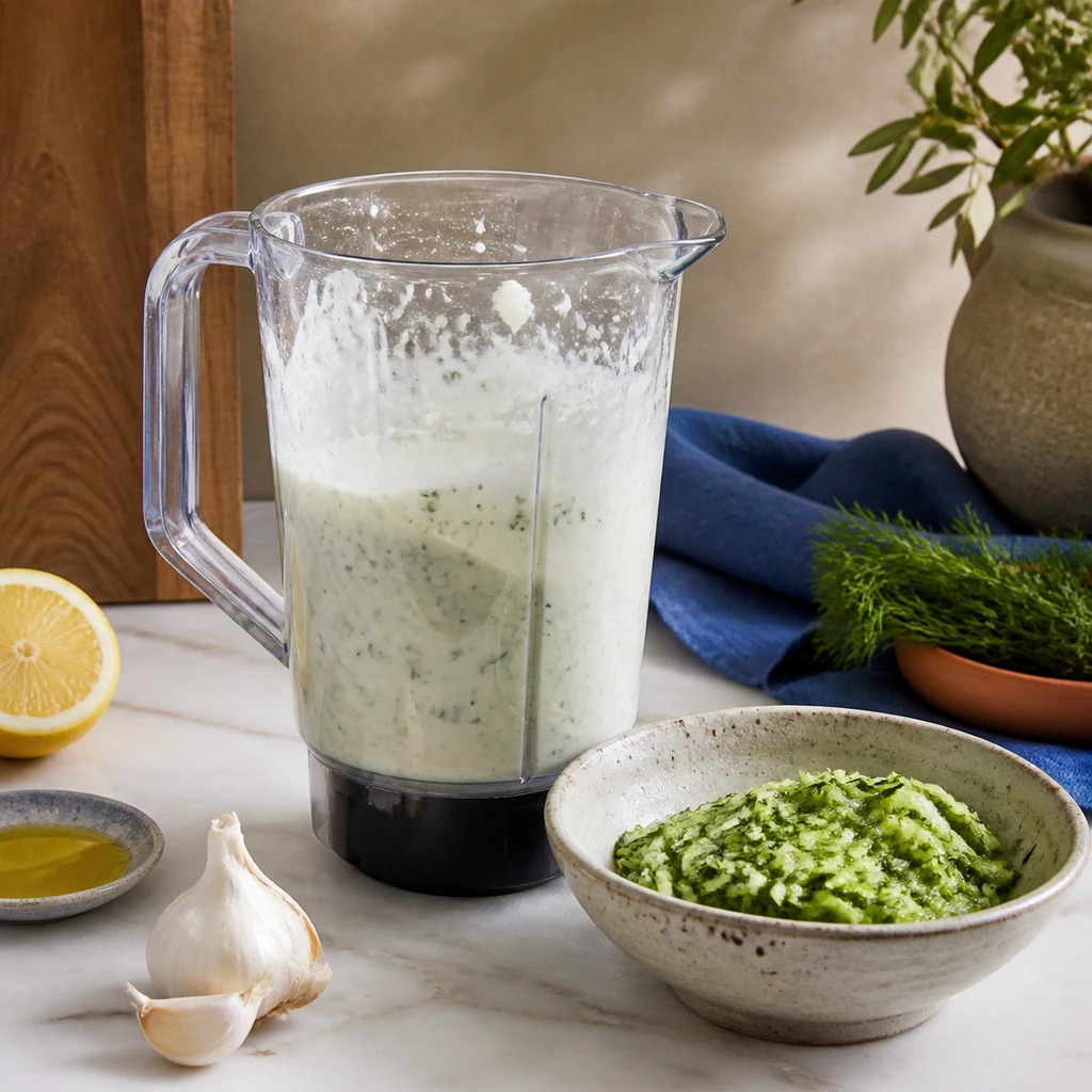 For a smoother base, blend everything except the drained cucumber.