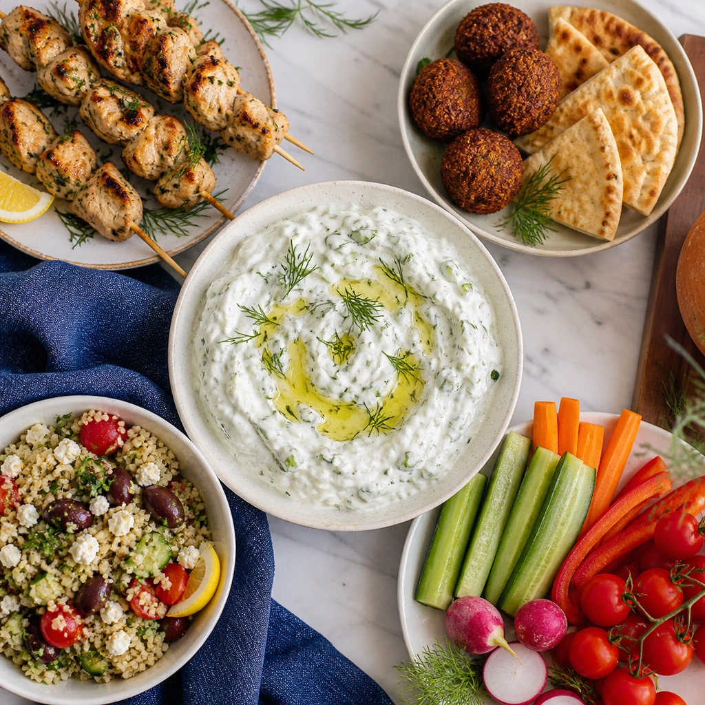 Tzatziki pairs naturally with souvlaki, falafel, grain bowls, pita, and crisp vegetables.