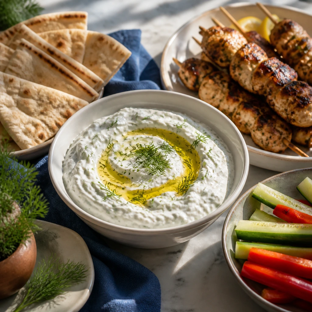 A cool, tangy bowl of homemade tzatziki completes a relaxed Mediterranean table.