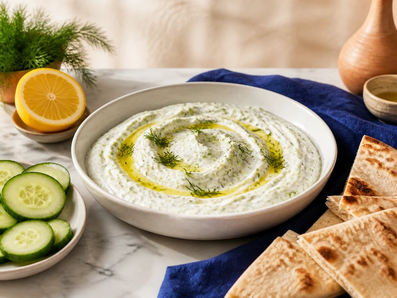 Authentic tzatziki sauce with olive oil dill cucumber lemon and pita