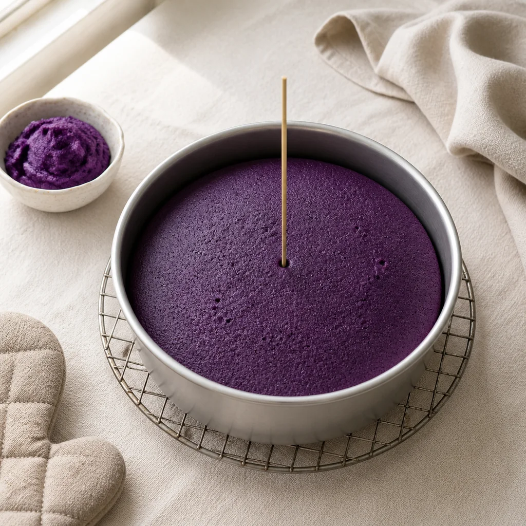 A deep violet eight-inch ube cake tested with a skewer after baking.
