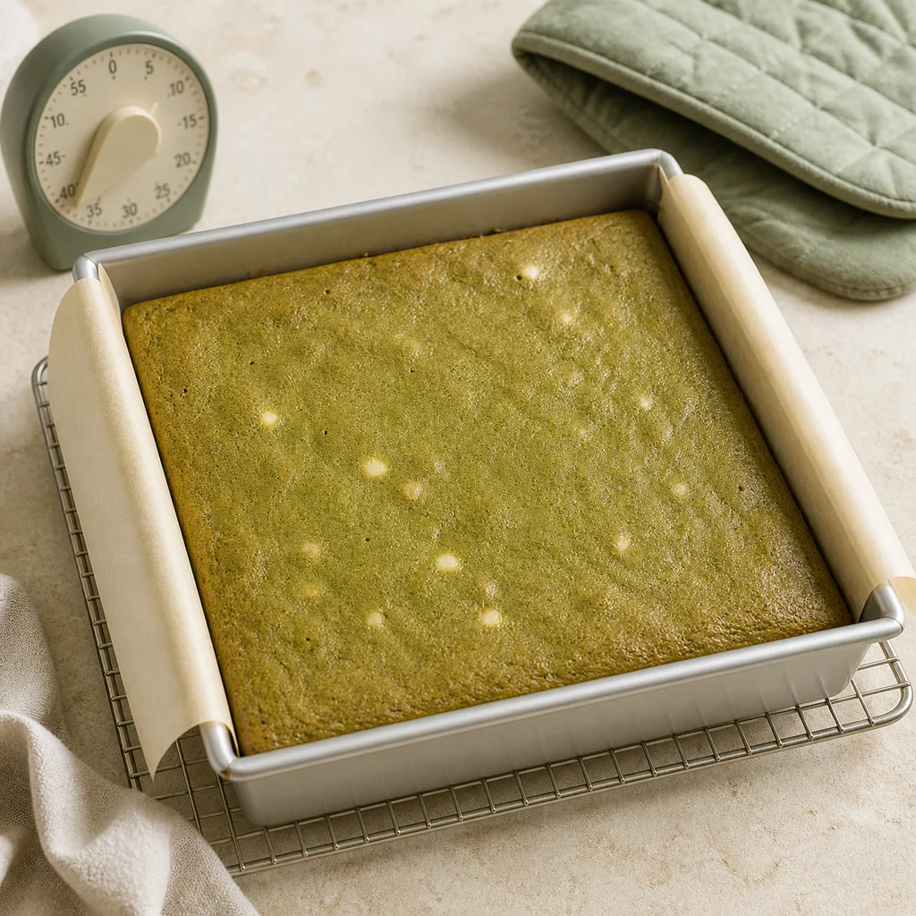 Uncut matcha mochi slab cooling in the same square metal pan.
