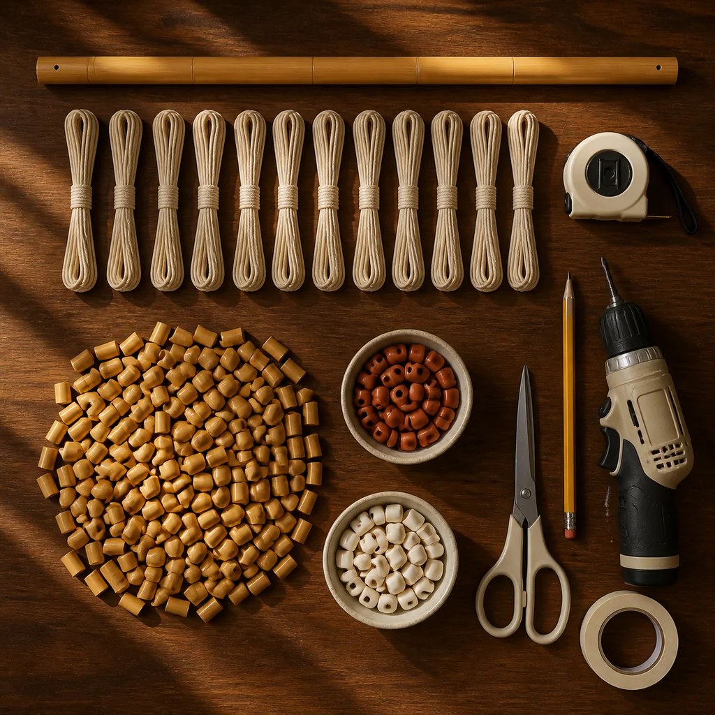 Bamboo curtain materials including a wood rail, cotton cord, three bead colors, drill, tape measure, and scissors.