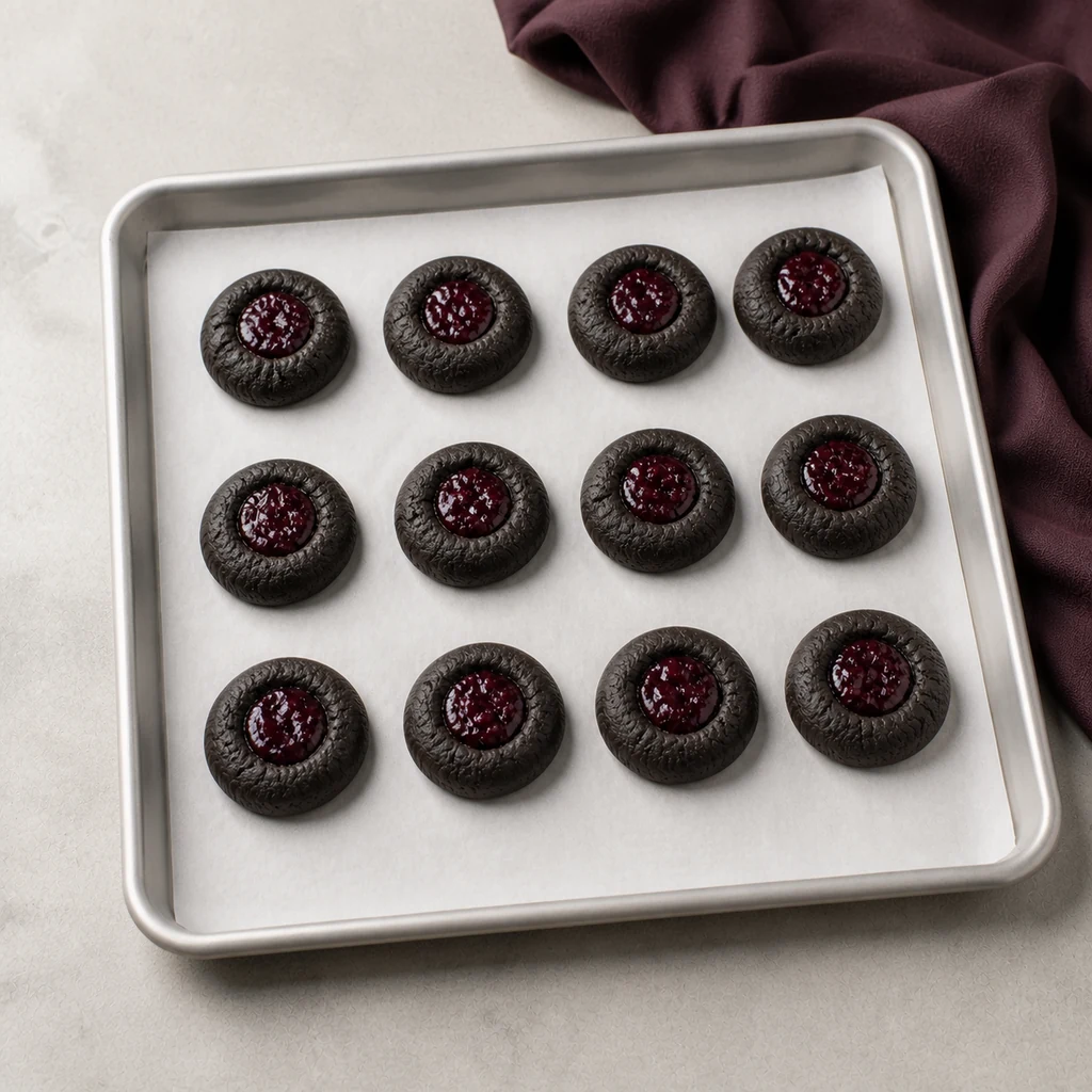 Baked black cocoa thumbprint cookies on a parchment-lined pan