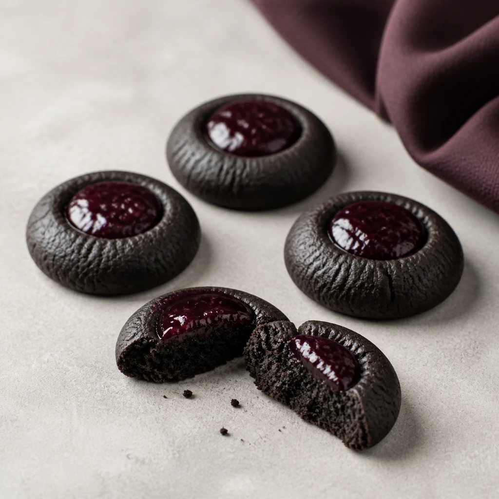 Broken black cocoa plum cookie showing a tender dark crumb