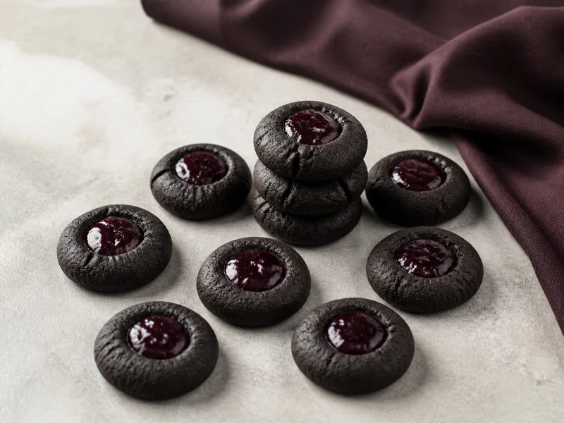 Plum Noir black cocoa thumbprint cookies with glossy plum centers