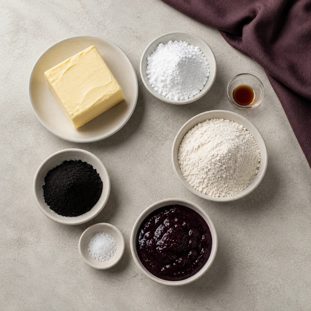 Measured ingredients for black cocoa plum thumbprint cookies