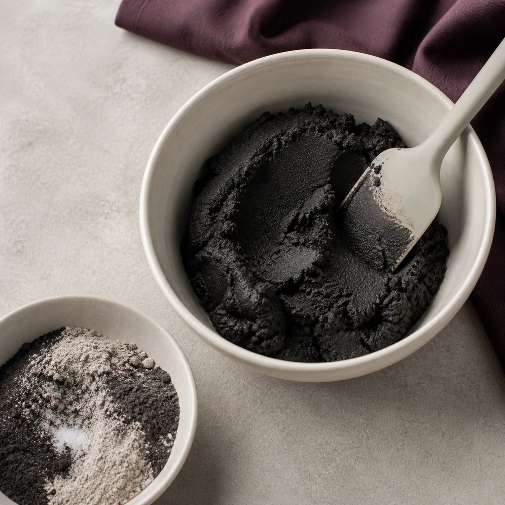 Thick black cocoa cookie dough mixed in a cream bowl