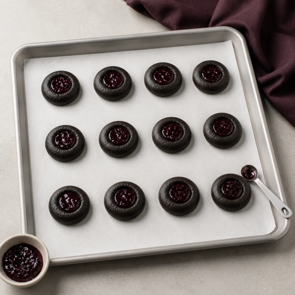 Twelve black cocoa cookie rounds filled with plum preserves