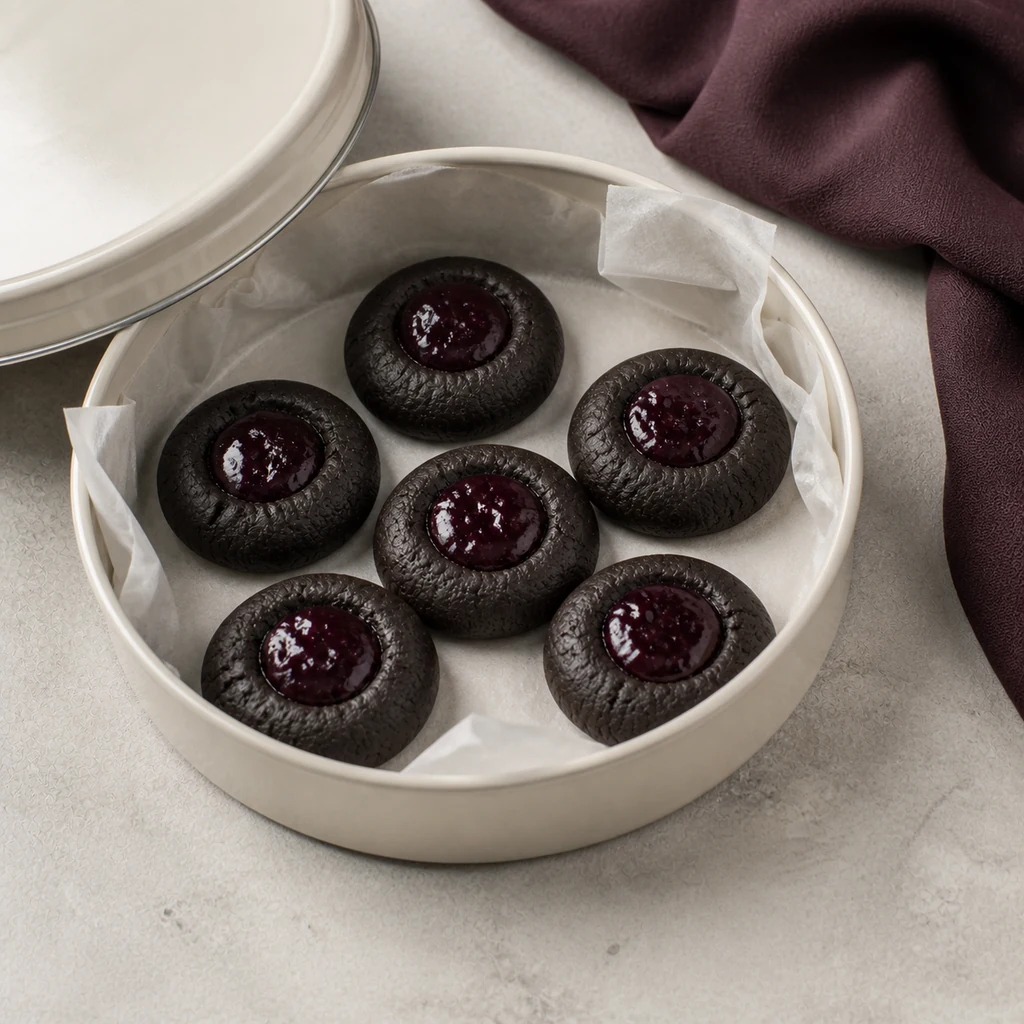 Six black cocoa plum thumbprint cookies stored in a lined tin