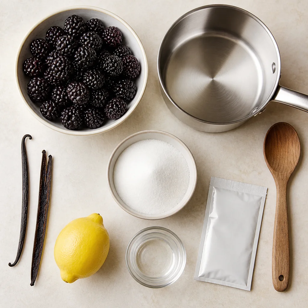 Blackberry vanilla jam ingredients with berries, vanilla bean, sugar, lemon, water and pectin