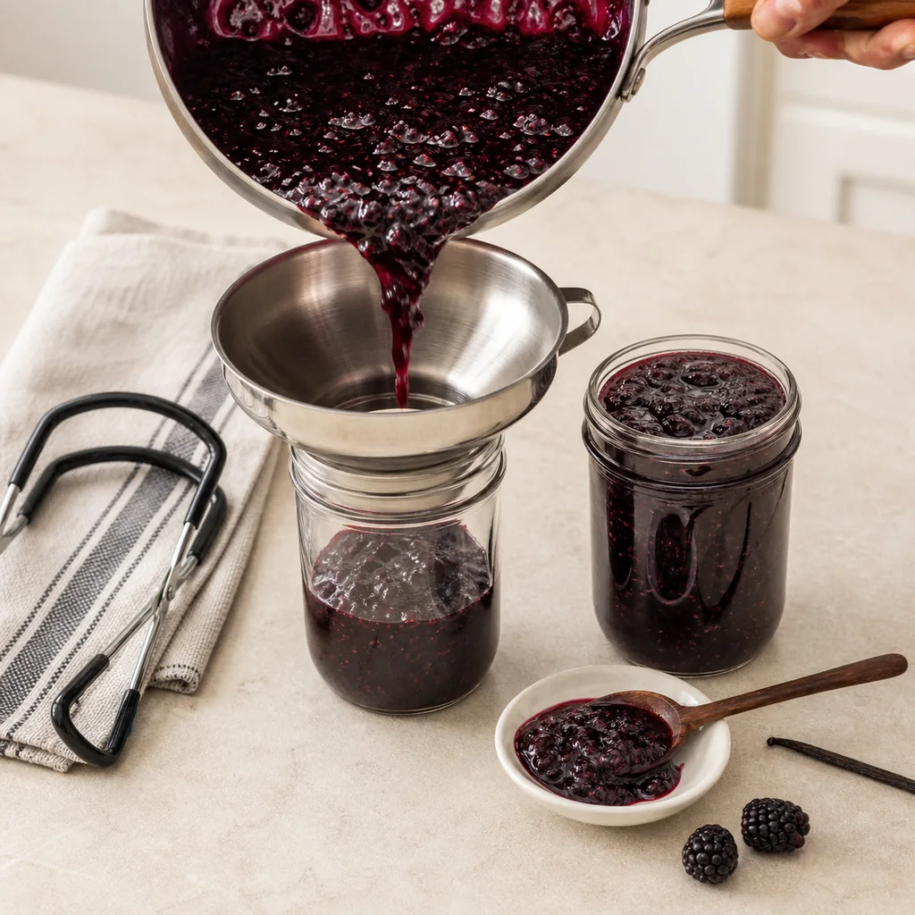 Hot blackberry vanilla jam poured through a funnel into clean canning jars