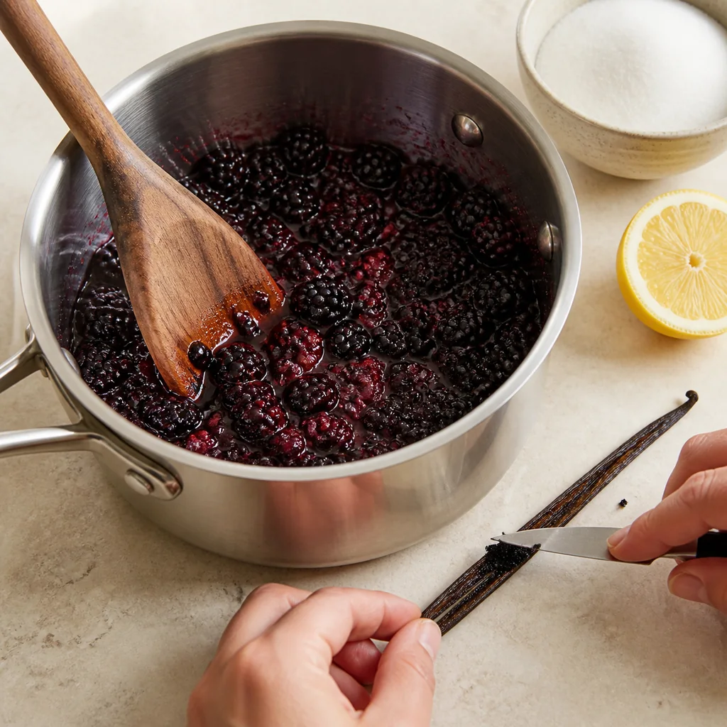 Fresh blackberries mashed in a saucepan while vanilla bean seeds are scraped