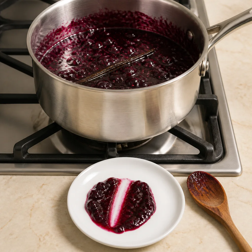 Blackberry vanilla jam simmering beside a successful chilled plate test