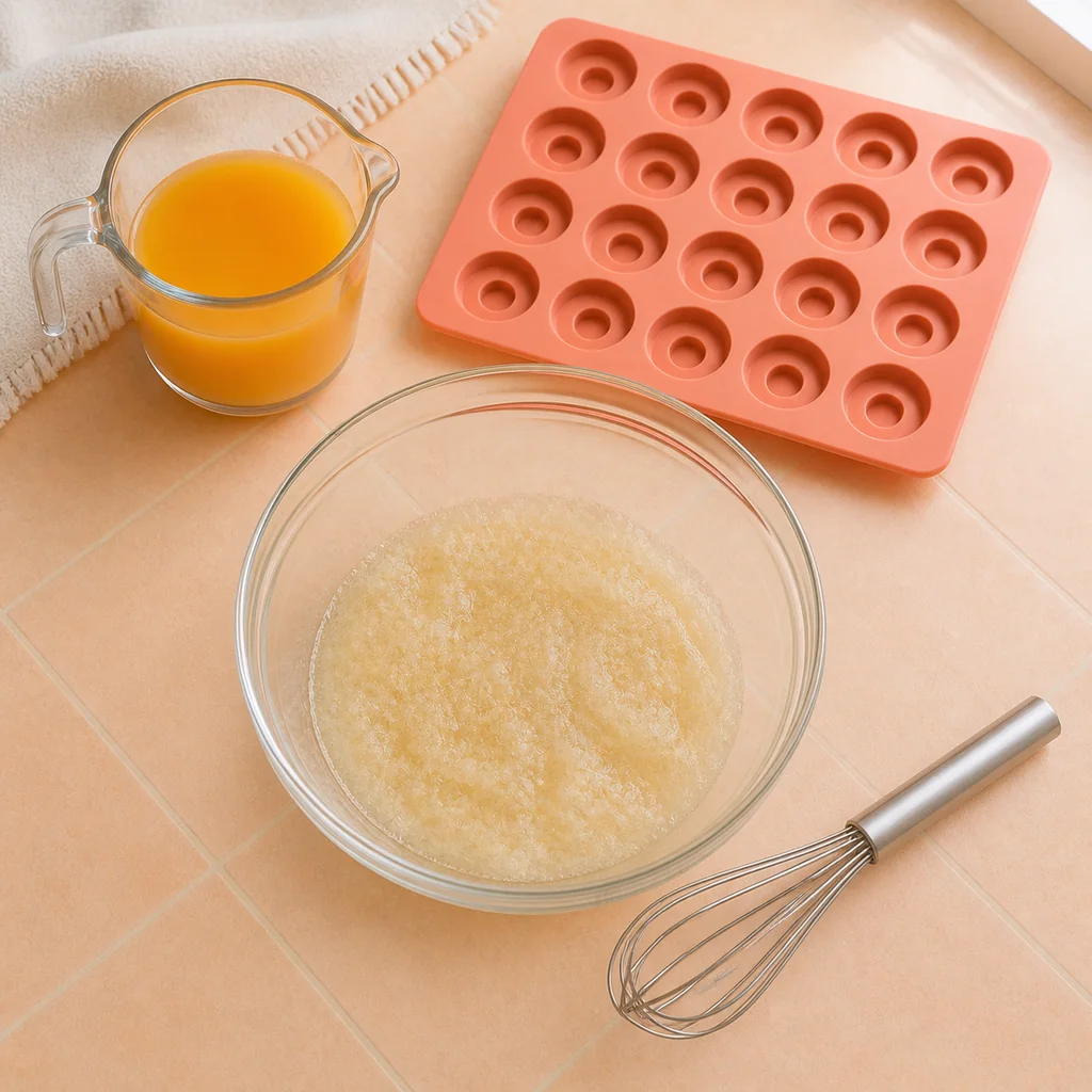 Unflavored halal beef gelatin fully bloomed in cold water for peach gummies.